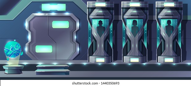 Human Cloning Cartoon With Female And Male Human Beings Growing In Glass Capsules In Laboratory Illustration. Astronaut Crew Hibernation In Long Space Travel Concept. Science Fiction Technology