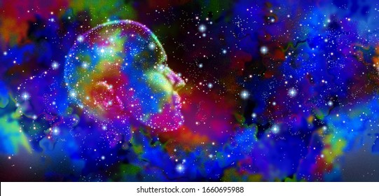 Human consciousness and metaphysics concept or spirituality and spirit symbol and psychology or psychiatry science of the mind as an idea in space made of stars in a 3D illustration style.