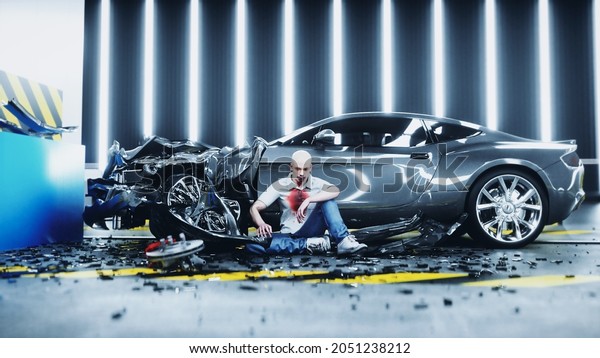 Human crash test dummy sitting\
near destroyed car crash test. Future concept. 3d\
rendering.