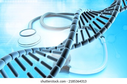 Human DNA Strand On Stethoscope Background. 3d Illustration	