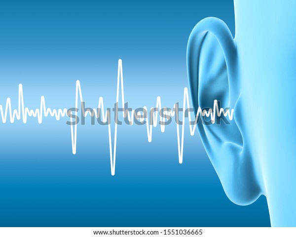 Human ear\
anatomy with soundwaves on blue\
background