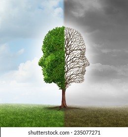 Human emotion and mood disorder as a tree shaped as two human faces with one half empty branches and the opposite side full of leaves as a medical metaphor for psychological contrast in feelings.