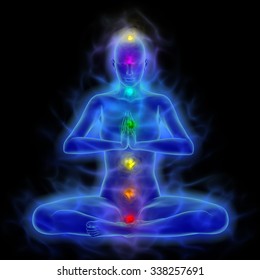 Human Energy Body With Aura And Chakras In Meditation. 