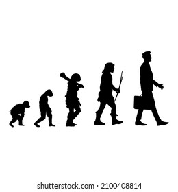 Human Evolution Black Silhouette, From Ape To Man. Human Silhouette, Monkey And Caveman, Walking Graphic Evolution Illustration, History Primate Development