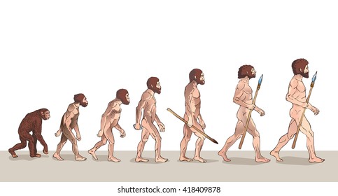 Human Evolution Illustration. Man Evolution. Progress Growth Development. Monkey, Neanderthal, Homo Sapiens, Primate With Weapon. Historical Illustrations Raster Version.