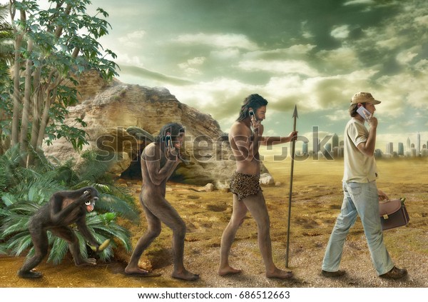 人類の進化 携帯電話の進化 先祖とのつながり 写真コラージュ 絵画 のイラスト素材