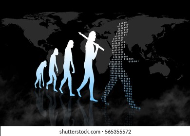 Human Evolution to modern / digital World. Black background with world map.