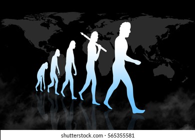 Human Evolution to modern / digital World. Black background with world map.