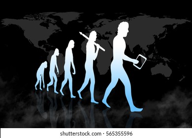 Human Evolution to modern / digital World. Black background with world map.