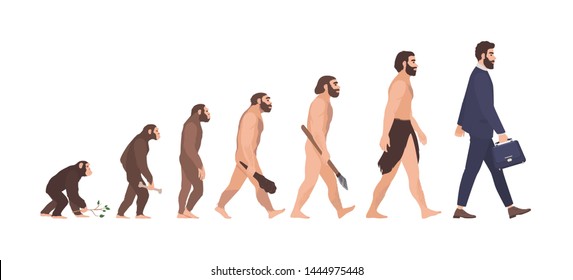 Human Evolution Stages. Evolutionary Process And Gradual Development Visualization From Monkey Or Primate To Businessman Dressed In Suit Carrying Briefcase. Flat Cartoon Colorful Illustration