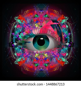 Human eye on colored creative mysterious background