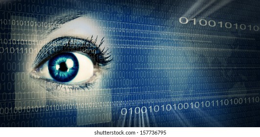 Human eye on technology design background. Cyberspace concept.