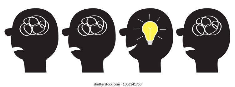 Human Face Icon Set. Black Silhouette. Idea Light Bulb Scribble Ravel Line In Head Inside Brain. Mental Health. Psychotherapy. Thinking Process. Switch On Lamp. Flat Design. White Background. 