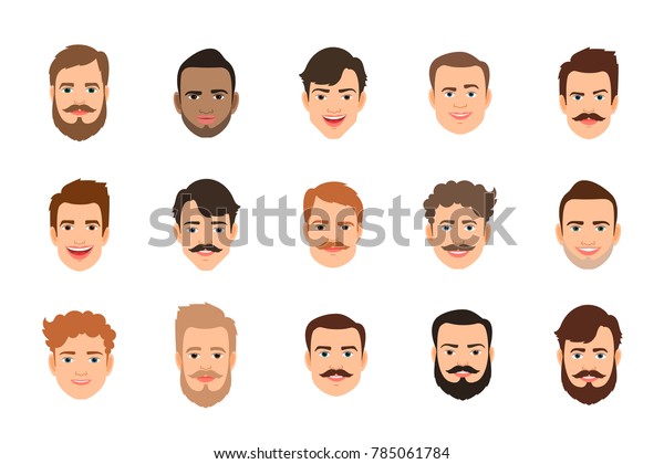 人間の顔セットイラスト 男性のポートレートや若い男性の顔にさまざまな髪型がある のイラスト素材
