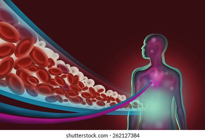 A Human Figure With A Diagram Cut Out Style Of Moving Lipids Or Fatty Acids And Red Blood Cells. Medical Image Symbolism For Hypertension, Nutrition, Diabetes And More. Raster Jpg Illustration.