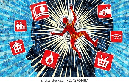  human figure falling into impact rays surrounded by icons of economic pressures for mental health impact of cost of living crisis concept illustration