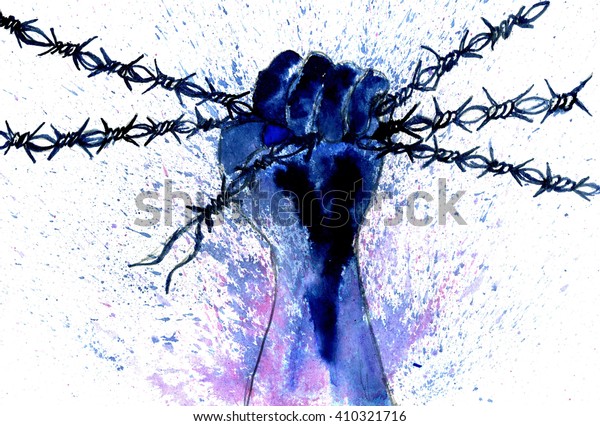 Menschliche Hand Mit Stacheldraht Blaue Tinte Stockillustration