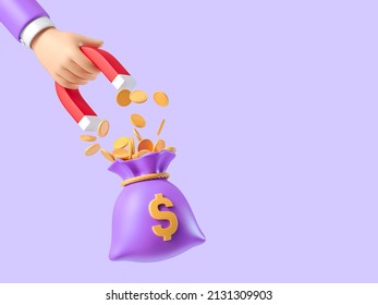 Human hand holding magnet with money bag and coins. Concept of attraction coins. Financial metaphor, revealing the concept of cashback and making money. 3d render