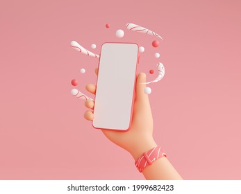 Human Hand Holding Mobile Phone With White Empty Screen 3d Render Illustration - Mockup Of Smartphone In Character Hand With Wrist Watches, And Decorations On Pink Background.