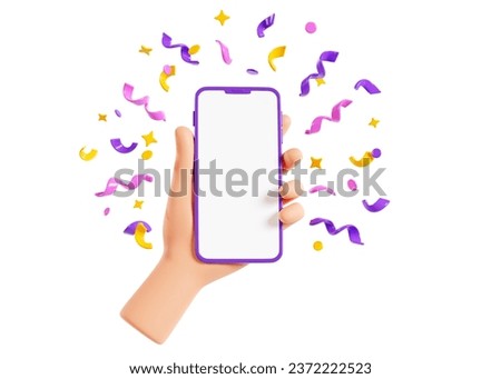Human hand holding mobile phone with confetti 3d render. Smartphone mockup with white blank screen and color gold and purple ribbons, stars and streamers flying in air for surprise or. 3D Illustration