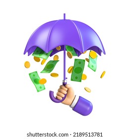 Human hand holding umbrella with full money and coins. Concept of attraction coins. Financial metaphor, revealing the concept of cashback and safe money. 3d render