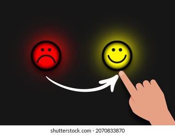Human hand Making someone smile concept Idea  Sad emoticon Transforming to happy face  hand made arrow  Customer State mind  sad to happy concepts	3D illustration 	
