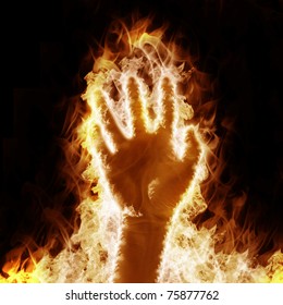 human hand open arms fire on a black background