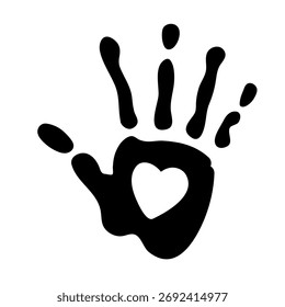 Human hand print with heart empty icon. Black and white illustration