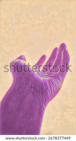 A human hand, reaching or offering something, with a vibrant, artistic filter and a textured background. A concept of hope, help, or spiritual connection, not ai generate.