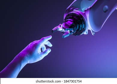 Human Hand Stretched Towards Realistic Robotic Mechanical Arm. Concept Of Help And Assistance Of Robots And Artificial Intelligence To Humanity. pink, violet and blue neon lights. 3d rendering.