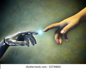 Human Hand Touching An Android Hand. Digital Illustration.