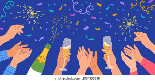 Human hands with champagne glasses and sparklers on confetti background. Celebration of New Year, birthday, anniversary or business success. Group of people celebrating event. Cartoon colorful banner - Powered by Shutterstock