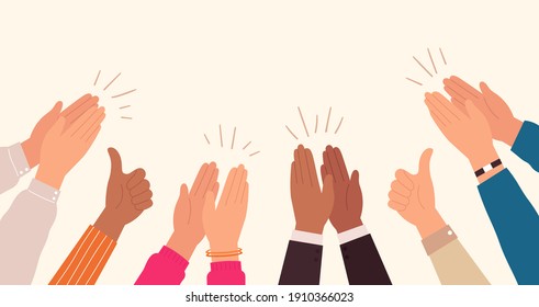 Human hands clapping. People crowd applaud to congratulate success job. Hand thumbs up. Business team cheering and ovation  concept. Illustration support celebration, appreciation friendship