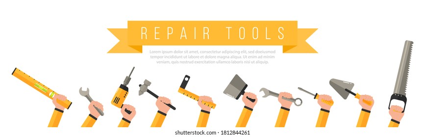 Human hands hold working tools. Repair tools. Flat illustration of male and female hands with construction and renovation home maintenance instrument. Background for text.  - Powered by Shutterstock