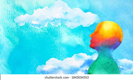 human head in blue sky abstract art mind mental health spiritual healing  free freedom feeling watercolor painting illustration design drawing