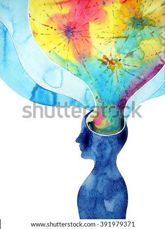 human head, chakra power, inspiration abstract thinking thought, world, universe inside your mind, watercolor painting splash