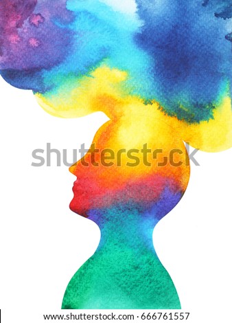 human head, chakra power, inspiration abstract thought, world, universe inside your mind, watercolor painting