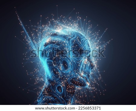 Human head with data and complex wires. Artificial intelligence and machine learning concept. This is a 3d render illustration.