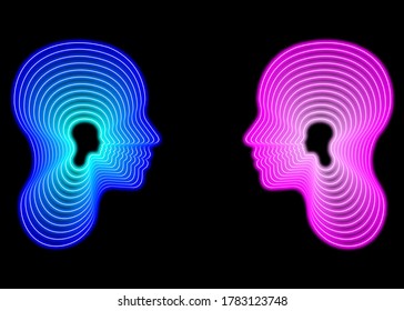 Human Head Future Robot Neon Glow Couple Love Concept Soulmate Man Woman Pink And Blue Color On Black Background Artificial Intelligence 