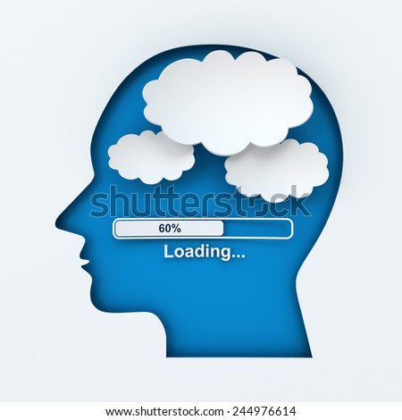 Human head with loading bar and thought bubbles with copyspace, 3d render, white background