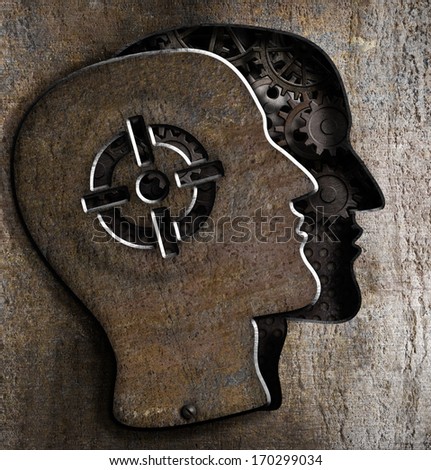 Human head with target mark on metal plate