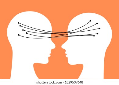  Human heads connected trough wires. Mind reading concept. Flat design illustration.