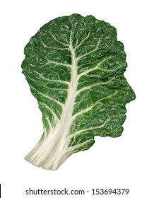 Human healthy diet concept as a dark green leafy kale or collard leaf shaped as a head  symbol of fresh vegetable eating and intelligent dieting using farm fresh natural organic produce.
