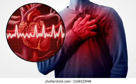 Human heart attack pain as an anatomy medical disease concept with a person suffering from a cardiac illness as a painful coronary event with 3D illustration style elements.