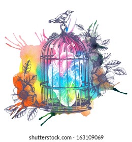 Human heart in a cage. Vintage raster illustration whit watercolor spot.