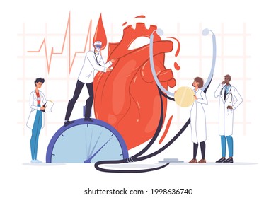 Human Heart Examination. Doctor Cardiologist Team In Uniform, Stethoscope. Cardiogram Ecg Test Conduction. Heartbeat Check. Cardiac Health. Cardiology, Medicine, Healthcare. Coronavirus Complications