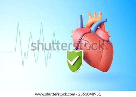 Human heart model with shield and pulse line on blue background. 3d-rendering
