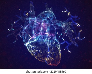 Human Heart Of Neon Particles. Bright Magic Heart Health Concept Art In Modern Abstract Style Consists Of Colorful Dots. 3d Illustration.