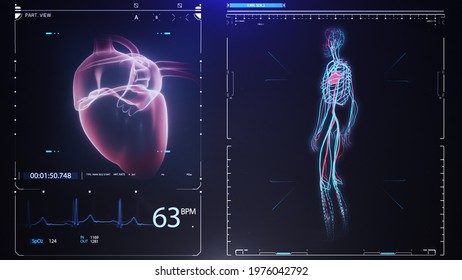 Human Heart Scan Animation. Heart Anatomy With Futuristic Interface. Hospital Research. Futuristic Hi-tech Screen. Holographic Medical Application Interface. Seamless Loop.