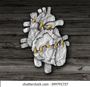 Human Heart Surgery Medical Concept Or Cardiology Symbol As A Cardiac Operation Therapy Treatment And Cardiovascular Surgical Procedure As A Broken Organ Made Of Crumpled Paper Repaired With Tape.